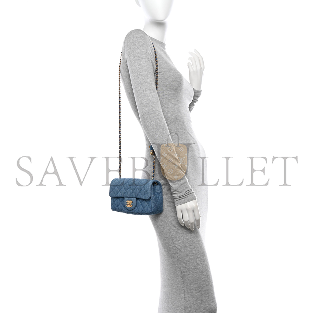 Ch*el master denim quilted mini pearl crush rectangular flap blue (20*13*7cm)